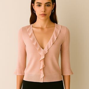 Moth Cream Taupe Ruffled Frill Sweater Knit 3/4 Sleeve V-Neck Top